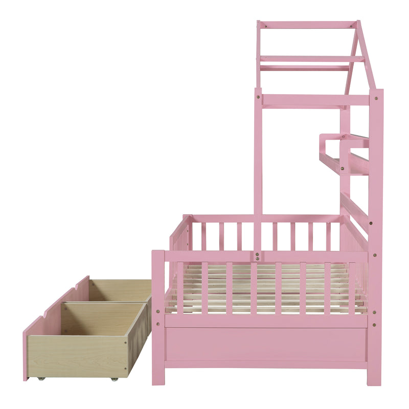 Wooden Twin Size House Bed with 2 Drawers,Kids Bed with Storage Shelf, Pink