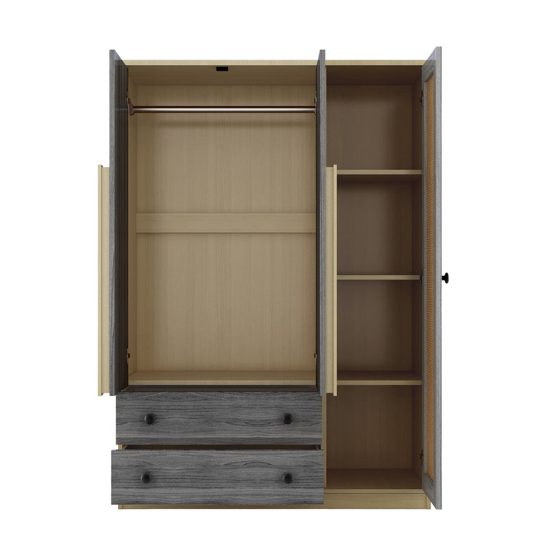 3 Doors Rattan Wardrobe Storage For Bedroom, With 2 Drawers