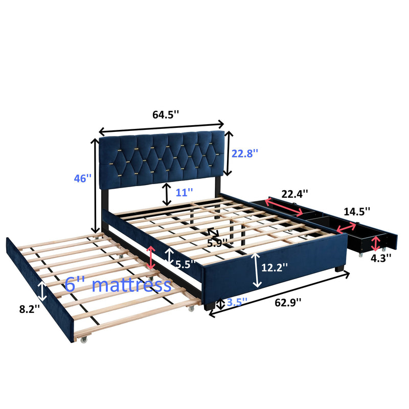 BLUE QUEEN SIZE TRUNDLE PULL OUT DRAWERS STORAGE UPHOLSTERED BED MODERN  DESIGN NO BOX SPRING REQUIRED