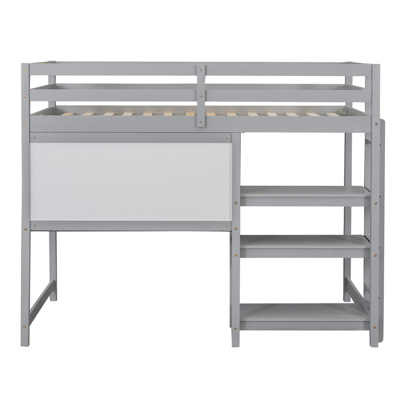 Twin Size Wooden Loft Bed with Shelves, Desk and Writing Board - Gray