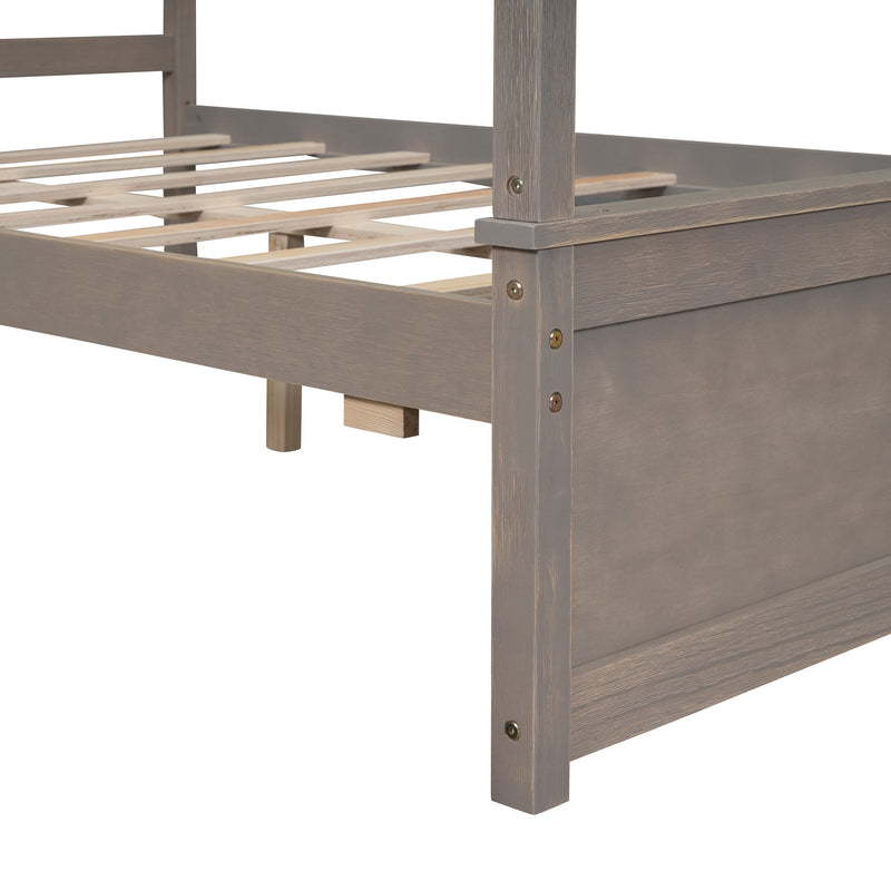 Wood Canopy Bed with two Drawers, Full Size Canopy Platform bed With Support Slats .No Box Spring Needed, Brushed Light Brown