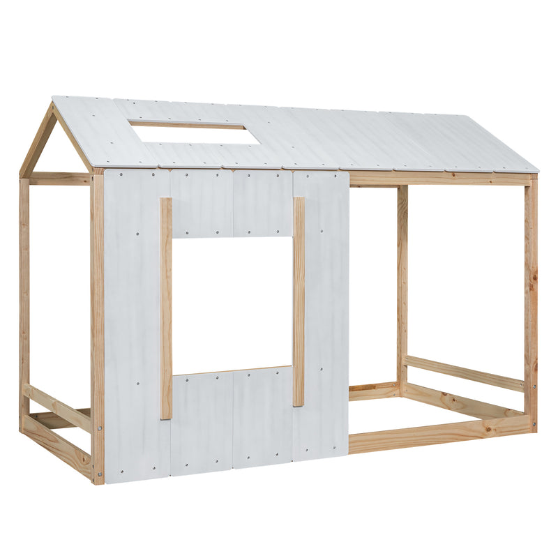 Twin Size House Platform with Roof and Window , White+Natural