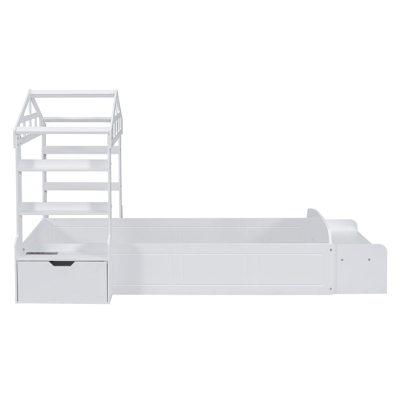 Twin Size House Bed with Bench, Socket and Shelves, White