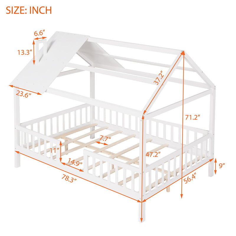 Full Size Wood House Bed With Fence - White