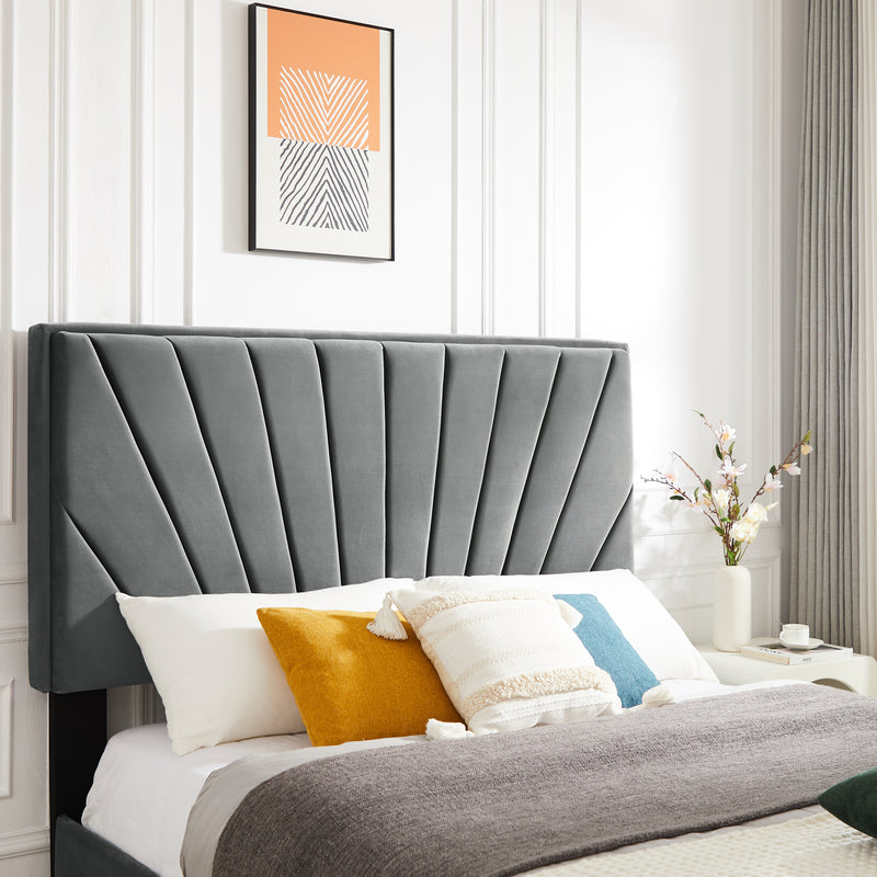 B108 Full bed with two nightstands, Beautiful line stripe cushion headboard , strong wooden slats + metal legs with Electroplate