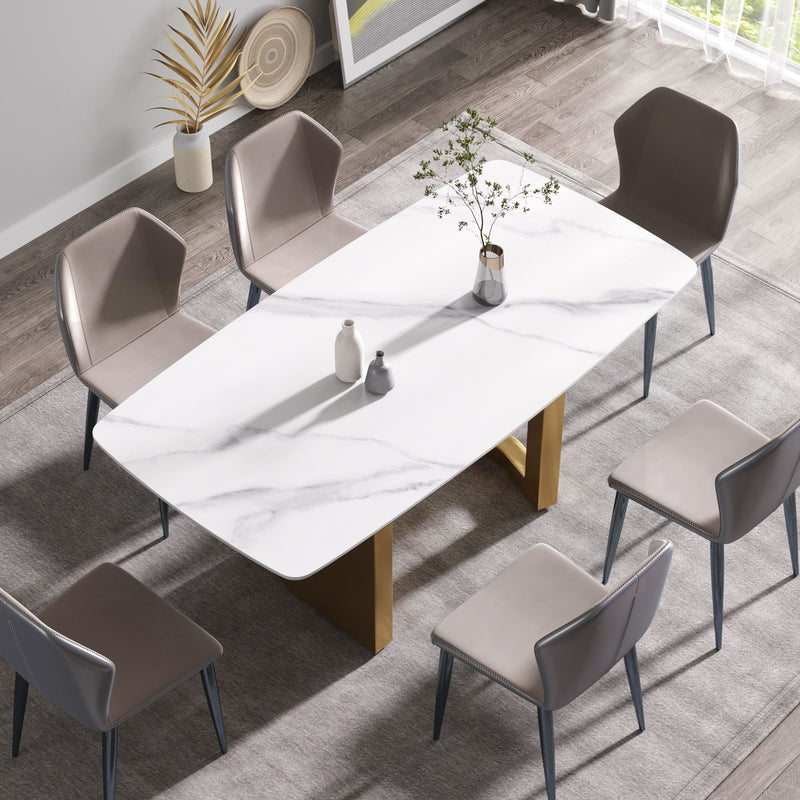 70.87" Modern Artificial Stone White Curved Metal Leg Dining Table - White / Gold