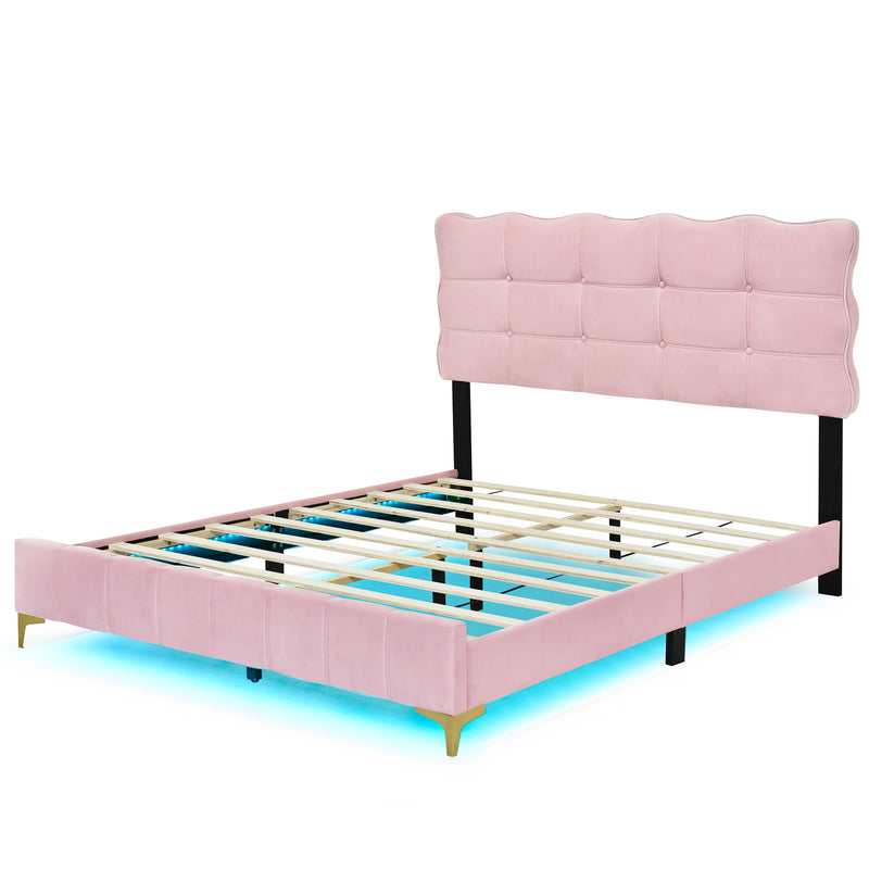 Queen Size Velvet Platform Bed with LED Frame and Stylish Mental Bed Legs, Pink