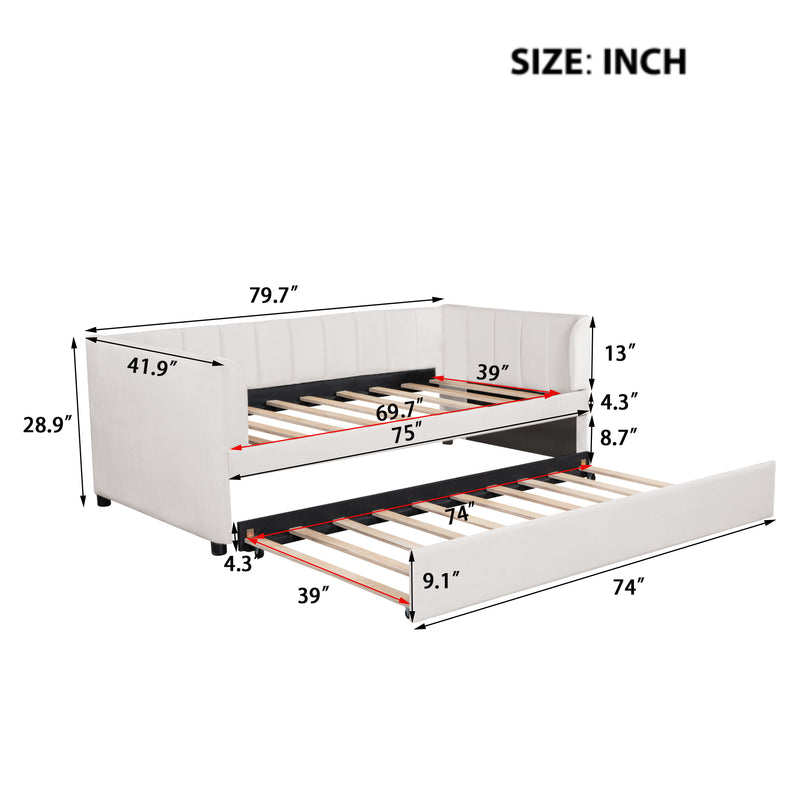 Twin Size Upholstered Daybed with Ergonomic Design Backrest and Trundle, Beige