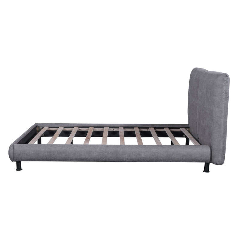 Queen Size Upholstered Platform Bed with Two Large Headrests and Thick Fabric, Polyester, Gray