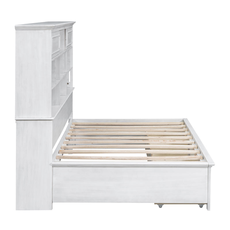 Twin Size Wood Daybed with Multi-Storage Shelves, Charging Station and 3 Drawers, Antique White