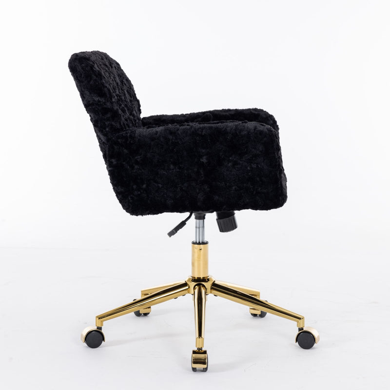 Office Chair, Artificial Rabbit Hair Home Office Chair With Golden Metal Base, Adjustable Desk Chair Swivel Office Chair, Vanity Chair