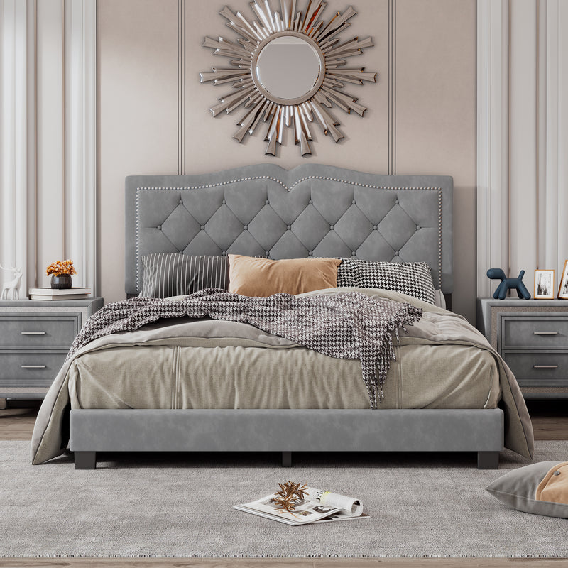 Queen Size Upholstered Bed Frame with Rivet Design, Modern Velvet Platform Bed with Tufted Headboard,Gray