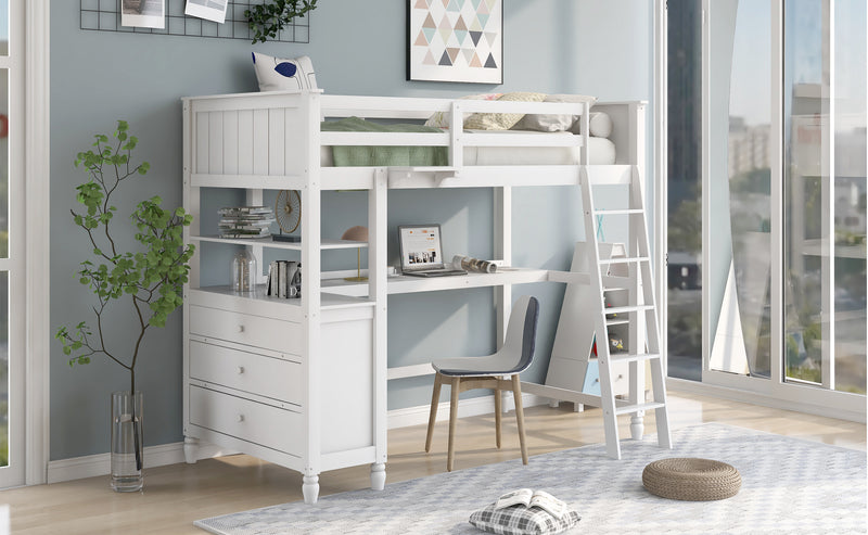 Twin size Loft Bed with Drawers and Desk, Wooden Loft Bed with Shelves - White(OLD SKU: LT001530AAK)