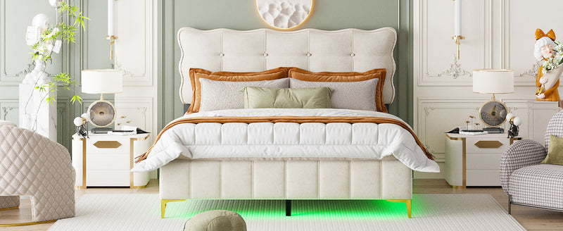 Queen Size Velvet Platform Bed with LED Frame and Stylish Mental Bed Legs, Beige