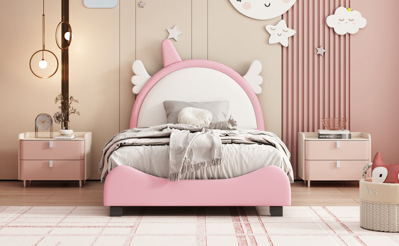 Cute Twin size Upholstered Bed With Unicorn Shape Headboard,Twin Size Platform Bed with Headboard and Footboard,White+Pink