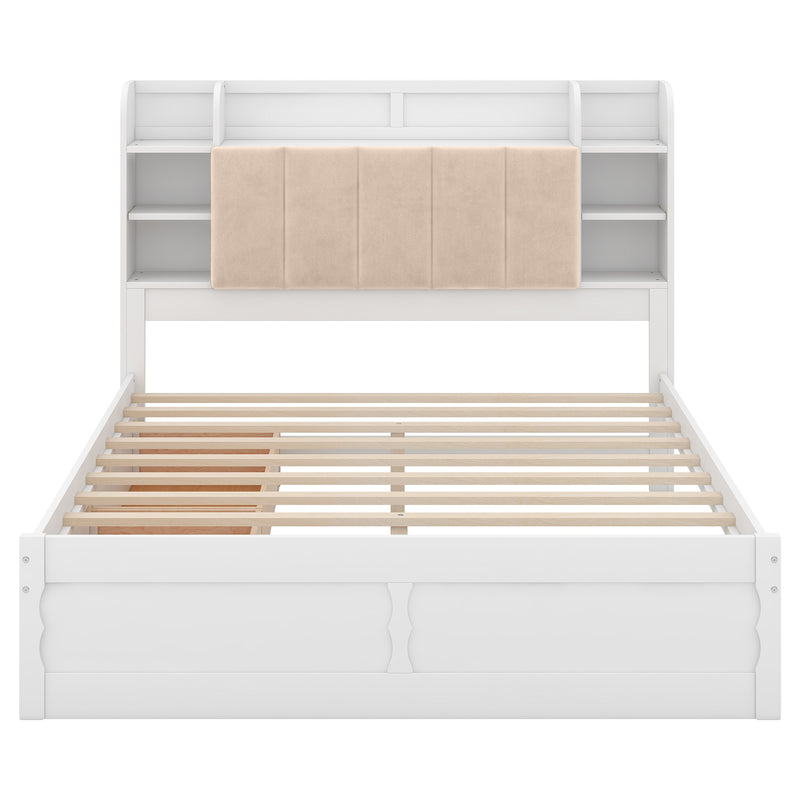 Wood Queen Size Platform Bed with Storage Headboard, Shelves and 2 Drawers, White