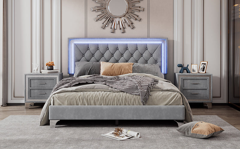 Queen Size Upholstered Bed Frame with LED Lights,Modern Velvet Platform Bed with Tufted Headboard,Gray