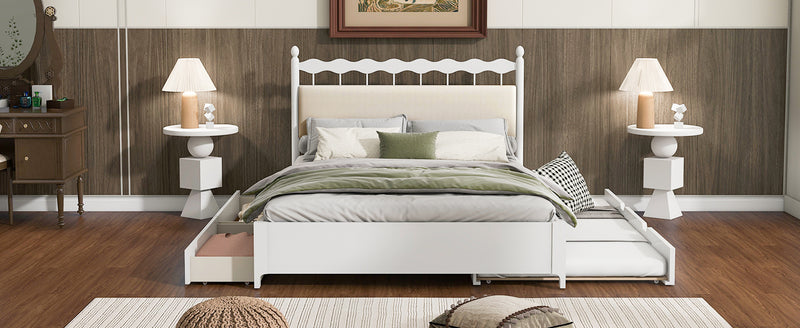 Queen Size Wooden Storage Platform Bed, with 2 Big Drawers, T Size Trundle, White