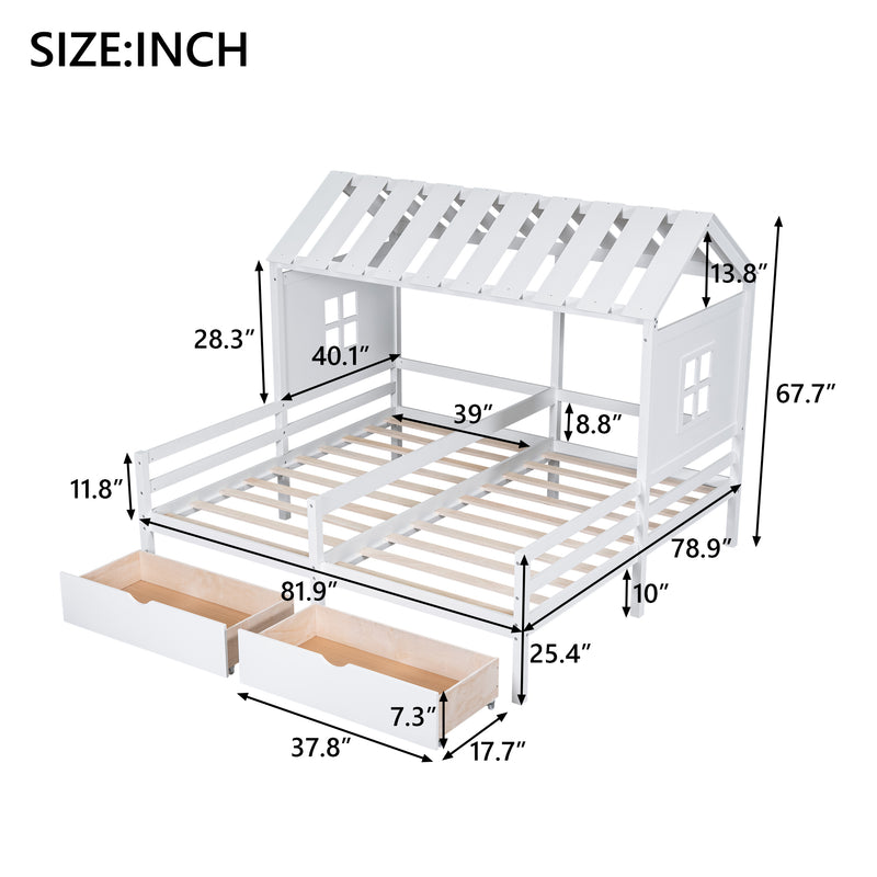 Twin Size House Platform Beds with Two Drawers for Boy and Girl Shared Beds, Combination of 2 Side by Side Twin Size Beds, White(old sku: GX000927AAK)