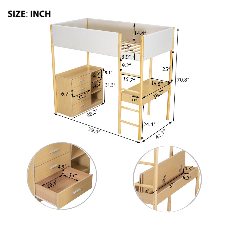 Twin Size Teddy FleeceLoft Bed Wood Bed, Natural