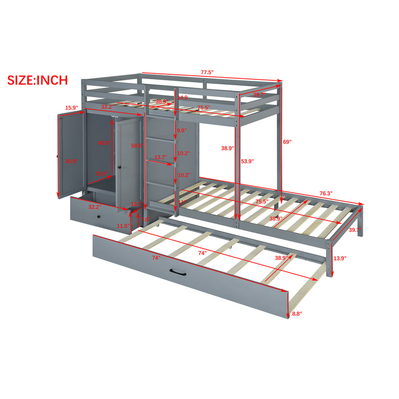 Twin-over-twin Bunk Bed with Wardrobe, Drawers and Shelves, Gray