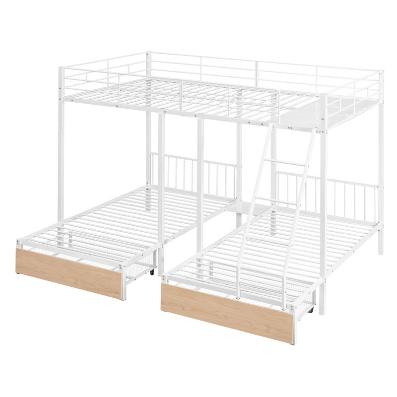 Bunk Bed, Metal Triple Bunk Bed With Drawers And Guardrails