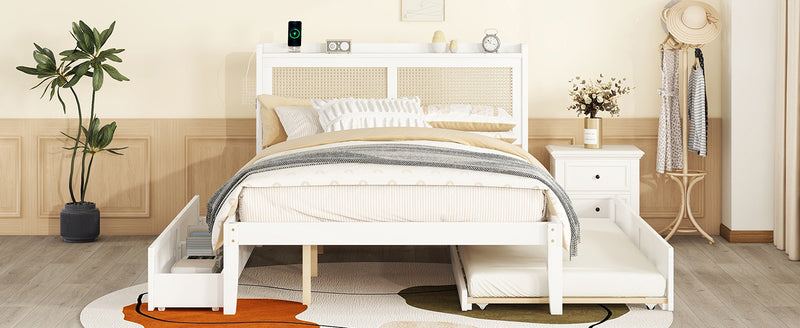 Queen Size Elegant Bed Frame with Rattan Headboard and Sockets ,White