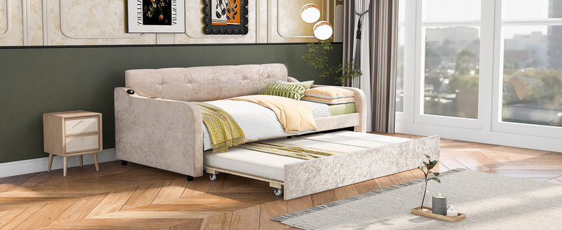 Twin Size Snowflake Velvet Daybed with Trundle and USB Charging Design,Beige