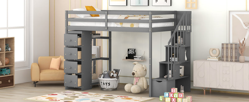 Twin size Loft Bed with Storage Drawers and Stairs, Wooden Loft Bed with Shelves - Gray