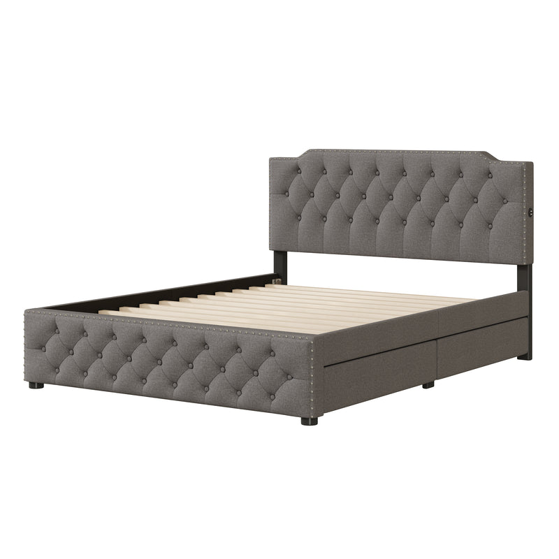 Queen Size Upholstered Platform Bed with 2 Drawers and 2 sets of USB Ports on each side, Linen Fabric, Gray