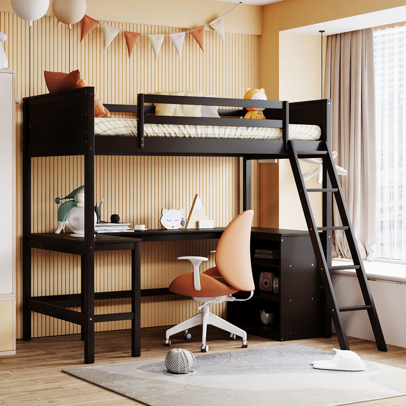 Twin size Loft Bed with Shelves and Desk, Wooden Loft Bed with Desk - Espresso(OLD SKU:LT000537AAP)