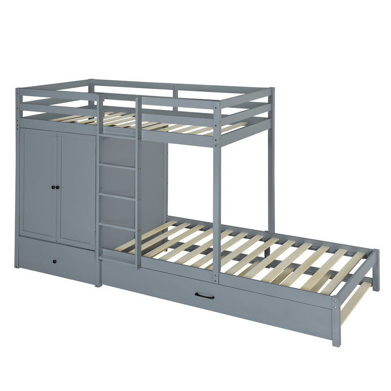 Twin-over-twin Bunk Bed with Wardrobe, Drawers and Shelves, Gray