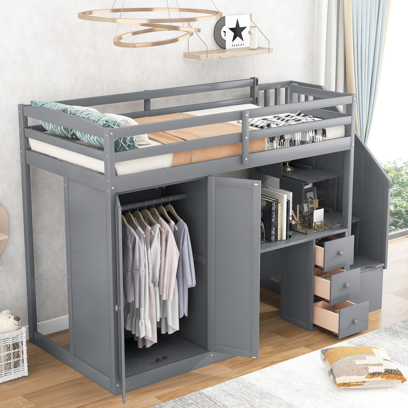 Twin Size Loft Bed with Wardrobe and Staircase, Desk and Storage Drawers and Cabinet in 1,Gray