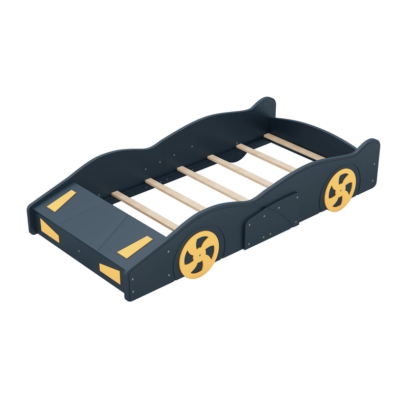 Twin Size Race Car-Shaped Platform Bed with Wheels and Storage, Dark Blue+Yellow