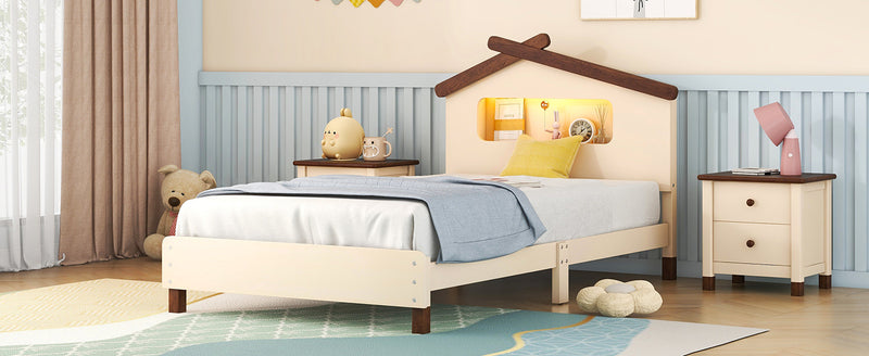 Twin Size Wood Platform Bed with House-shaped Headboard and Motion Activated Night Lights (Cream+Walnut)