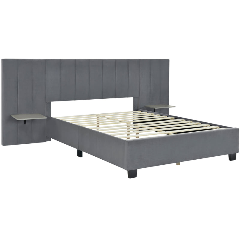 Queen Size Upholstered Platform Bed with Big Headboard, Bedroom Furniture, Velvet, Gray