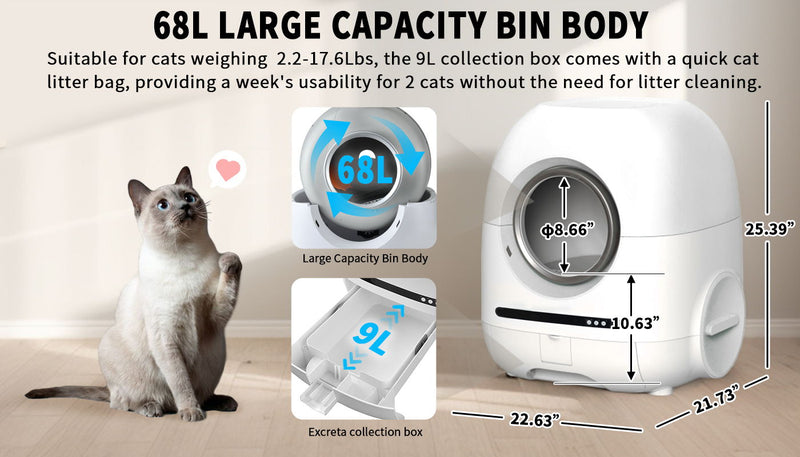 Self-Cleaning Cat Litter Box, 68L+9L, Suitable For A Variety Of Cat Litter, App Control, Real-Time Video, Photo And Video, Safe And Reliable, Ionic Deodorization, With Exhaust Hose, Support Wifi - White