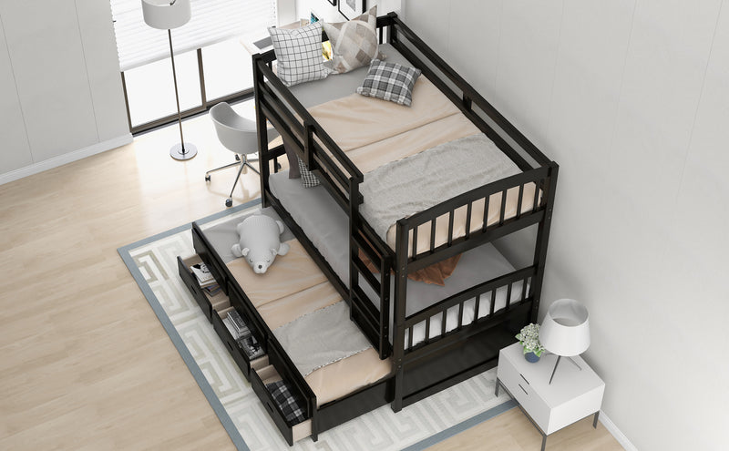 Twin over Twin Wood Bunk Bed with Trundle and Drawers, Espresso