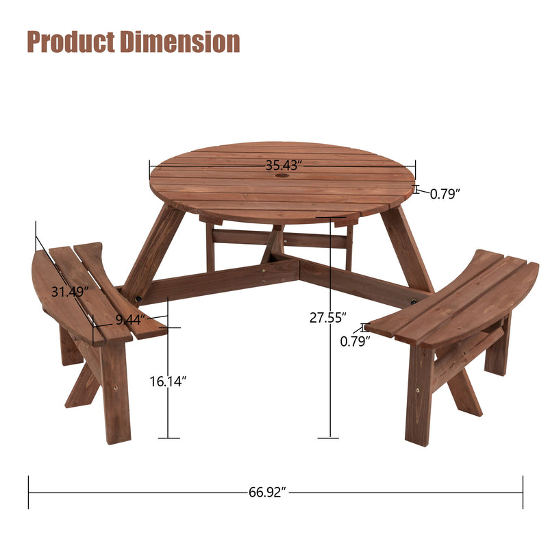 6 Person Circular Outdoor Wooden Picnic Table For Patio, Backyard, Garden, Diy With 3 Built-In Benches, 1720Lb Capacity