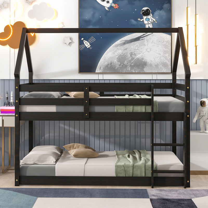 Twin over Twin Loft Bed with Roof Design, Safety Guardrail, Ladder, Espresso