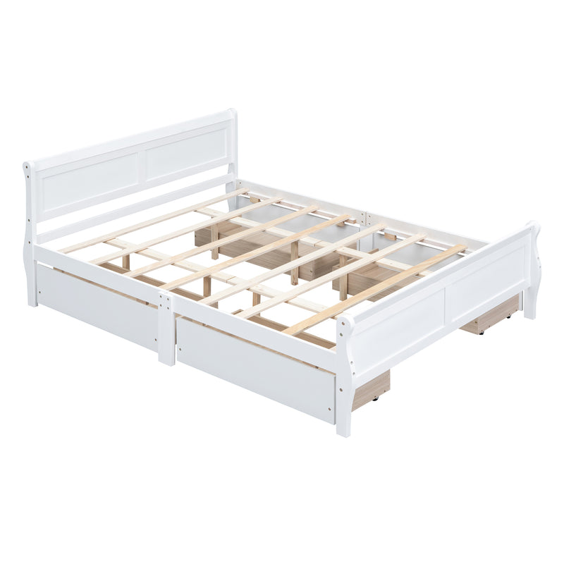 Queen Size Wood Platform Bed with 4 Drawers and Streamlined Headboard & Footboard, White