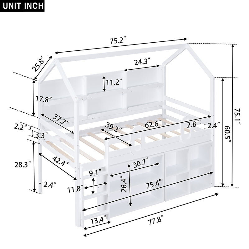 Twin Size House Loft Bed with Multiple Storage Shelves, White