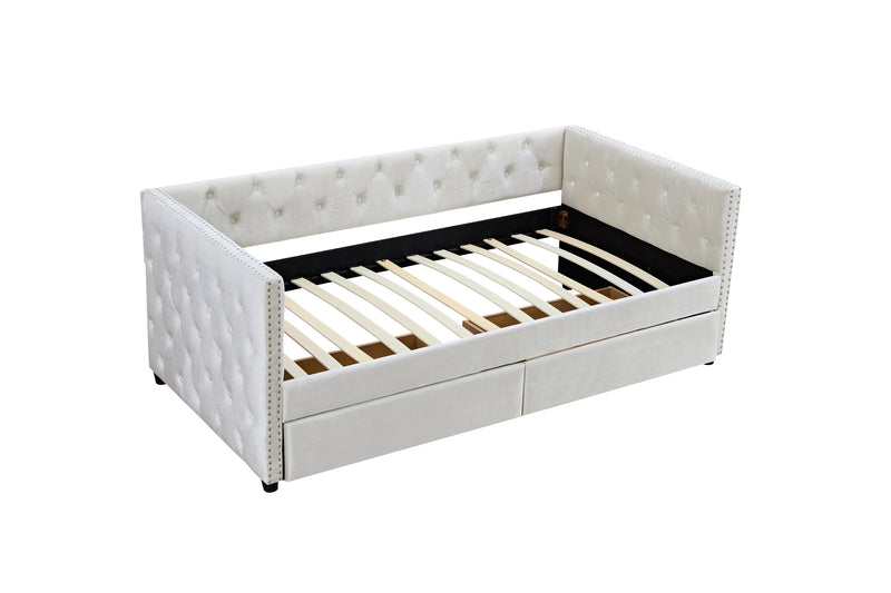 Sofa bed with drawers, modern velvet upholstered sofa bed with button tufted sofa bed frame with double drawers, bedroom living room furniture,Beige (83.47''x42.91''x30.71''')