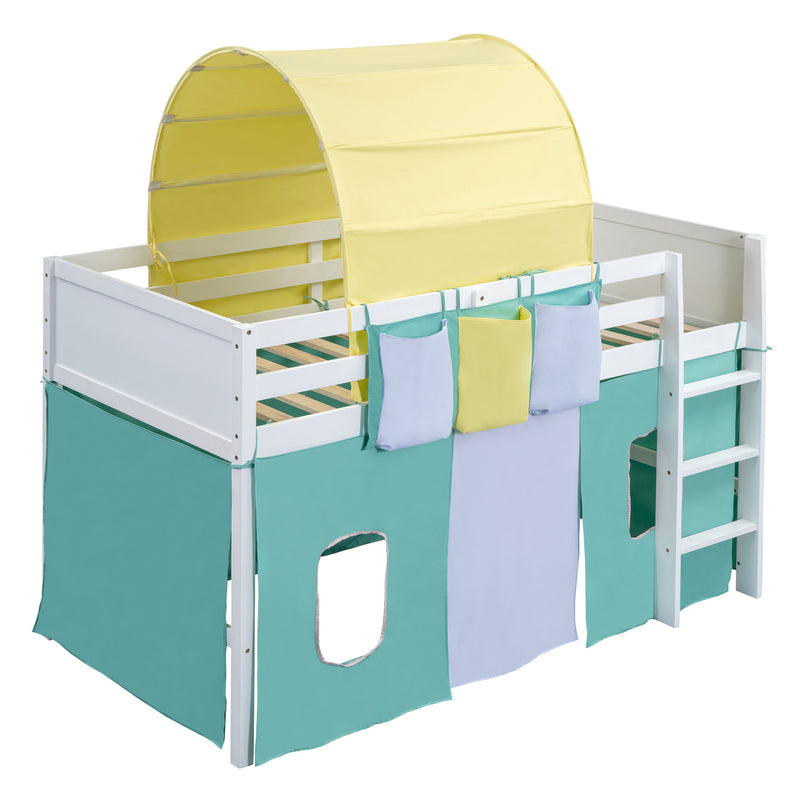 Twin Size Loft Bed with Tent and Tower  and  Three Pockets- Green