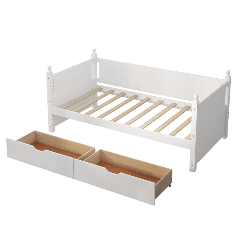 Twin Size Solid Wood Daybed with 2 drawers for Limited Space Kids, Teens, Adults, No Need Box Spring, White