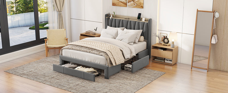 Queen Size Bed Frame with Storage Headboard and Charging Station, Upholstered Platform Bed with 3 Drawers, No Box Spring Needed, Dark Gray