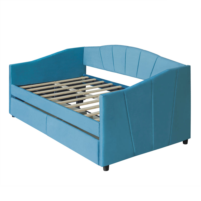 Upholstered daybed Twin Size with Two Drawers and Wood Slat  ,Blue