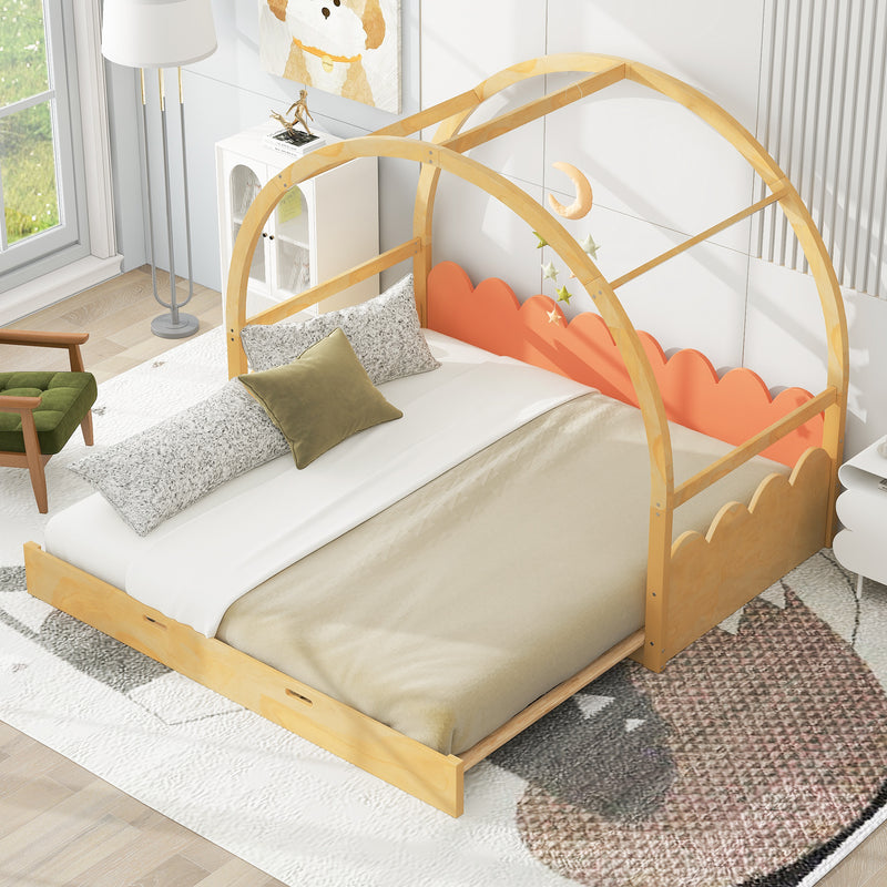 Twin size stretchable vaulted roof bed, children's bed pine wood frame, natural and orange