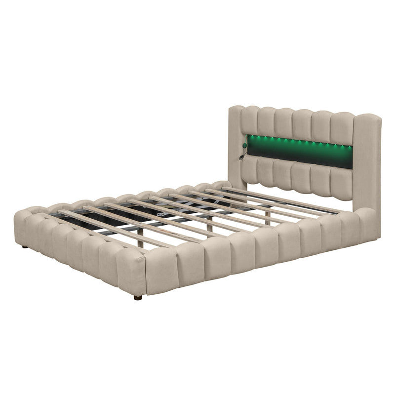 Queen Size Upholstered Platform Bed with LED Headboard and USB, Beige