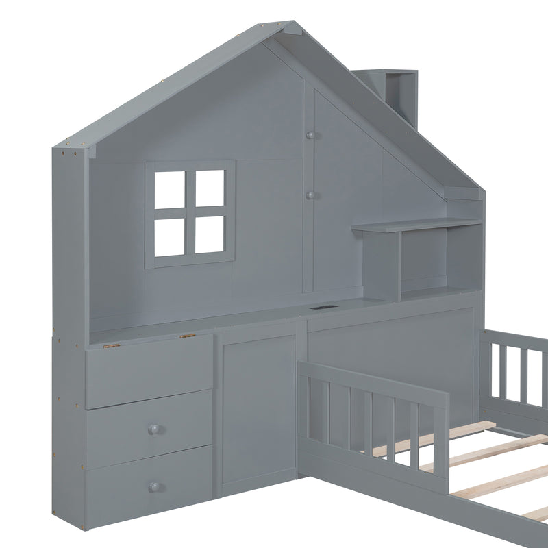 Twin Size House Bed with Window and Bedside Drawers, Platform Bed with Shelves and a set of Sockets and USB Port, Gray